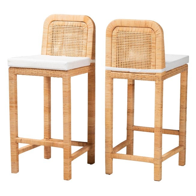 Zariah Modern Bohemian Natural Brown Rattan And Mahogany Wood Bar Stool, NATURAL BROWN MAHOGANY, hi-res image number null