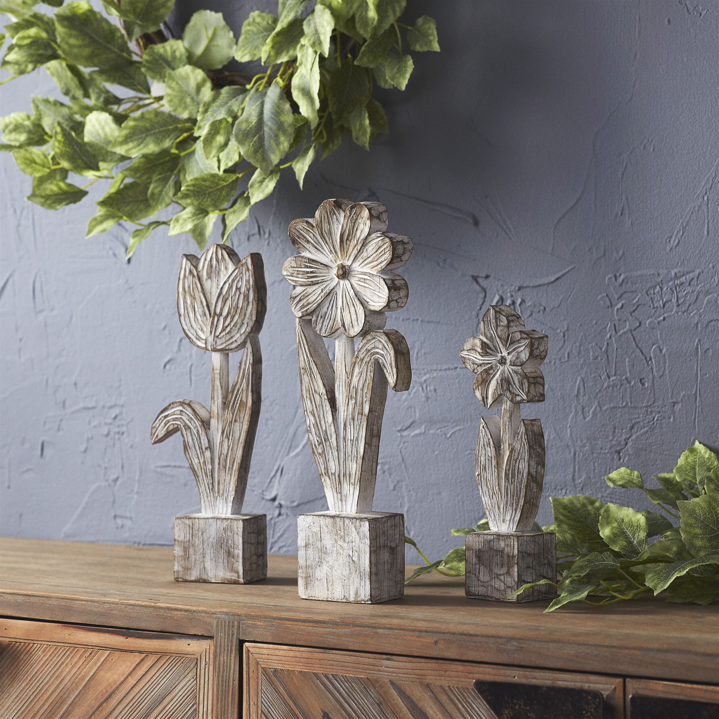 Potted Floral (Set of 3) 10.5 inchesH, 12.75 inchesH, 14.25 inchesH Resin/Stone Powder, GREY/WHITE/BROWN, alternate image number 1