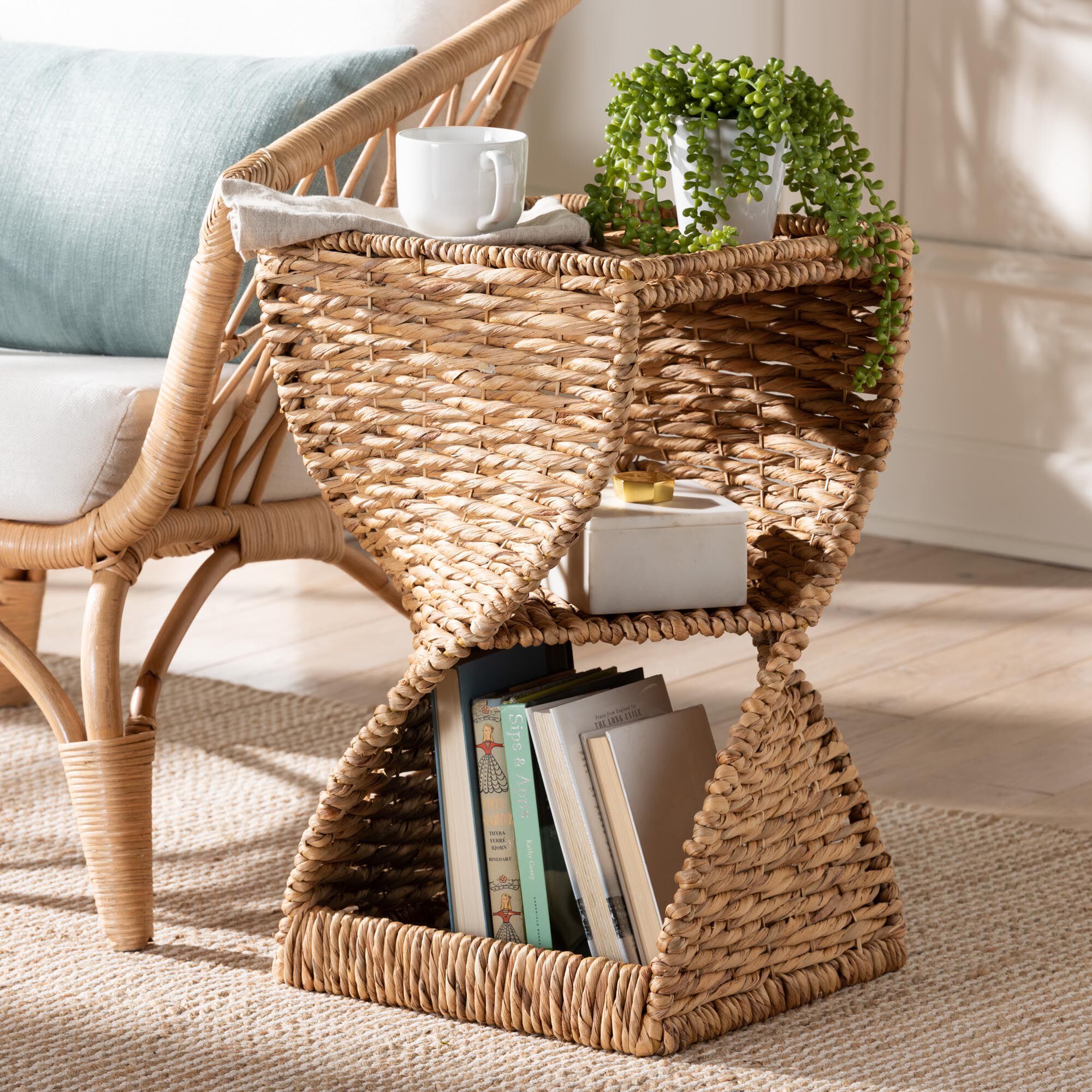 Pelleas Modern Bohemian Natural Brown Seagrass and Wood End Table, NATURAL BROWN, hi-res image number 0