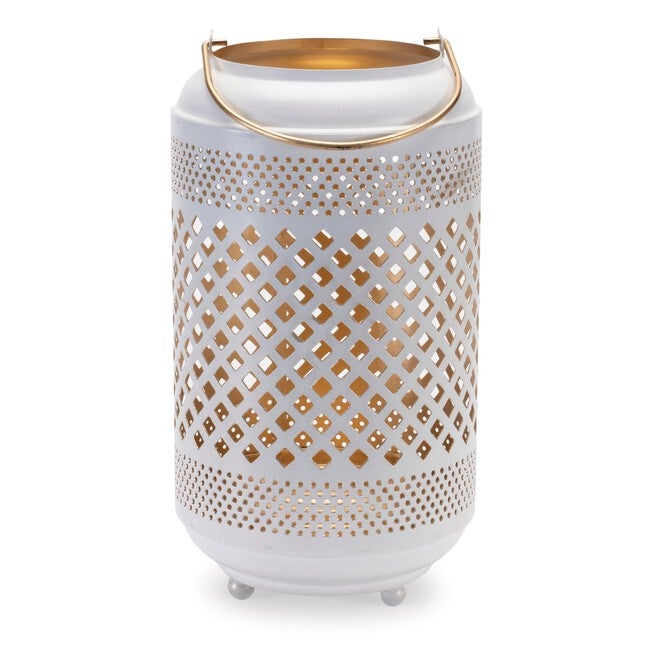 Lattice Punched Metal Lantern with Gold Accent 13.75 inchesH, WHITE/GOLD, hi-res image number null