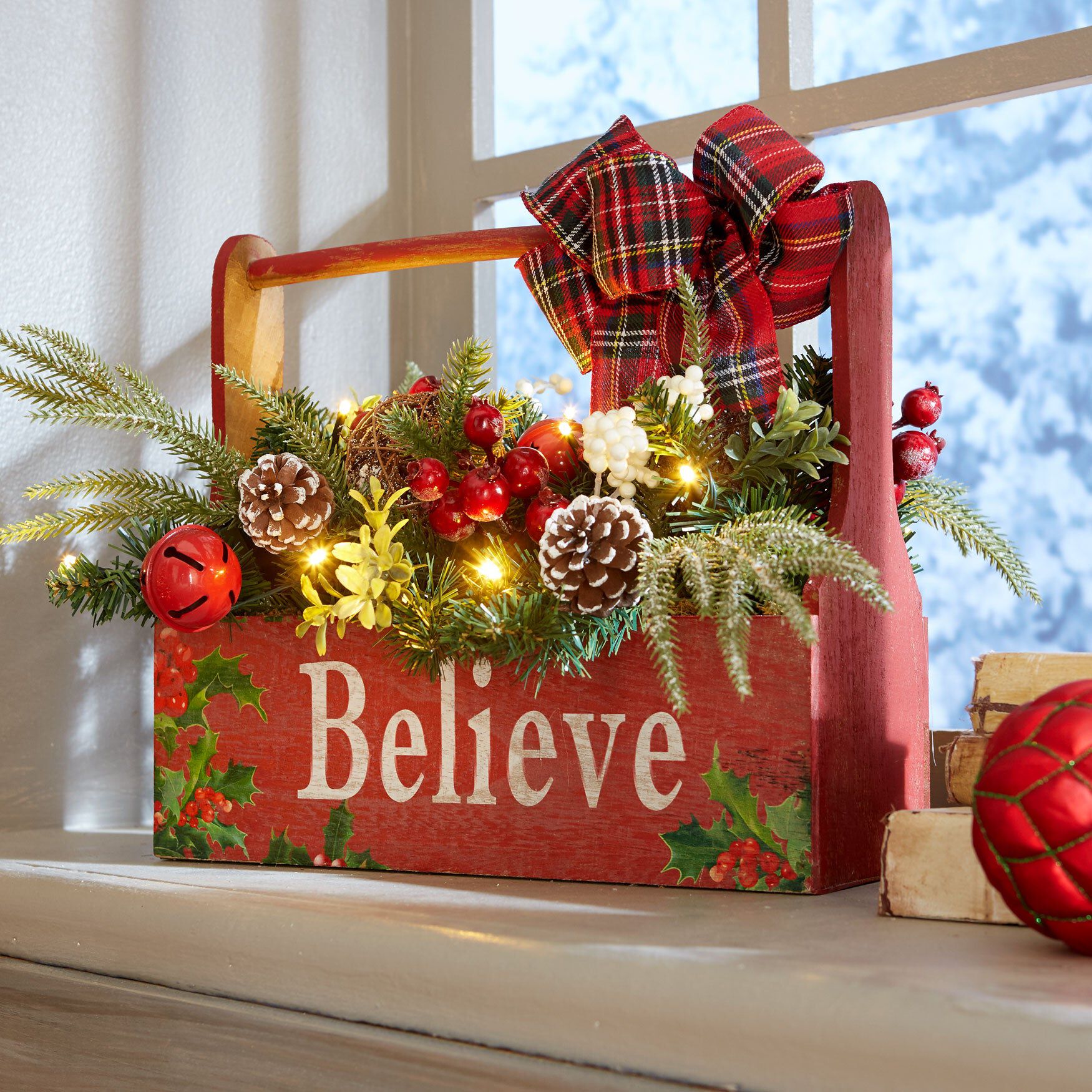 Pre-Lit "Believe" Wooden Basket, MULTI, hi-res image number 0