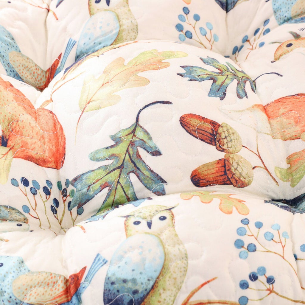 Close-up of bird-print chair pad cushion