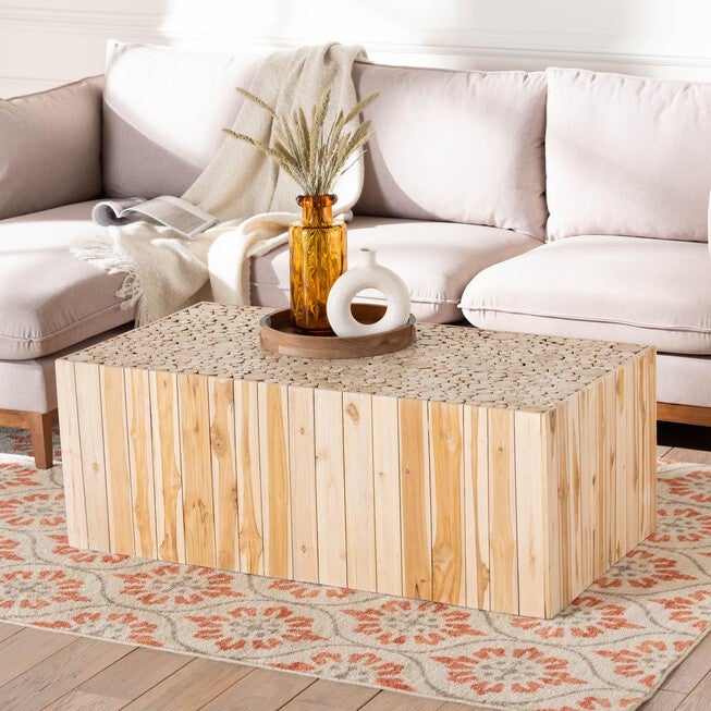 Grayson Bohemian Natural Teak Wood Coffee Table with Unique Repurposed Wood Logs, NATURAL, hi-res image number null