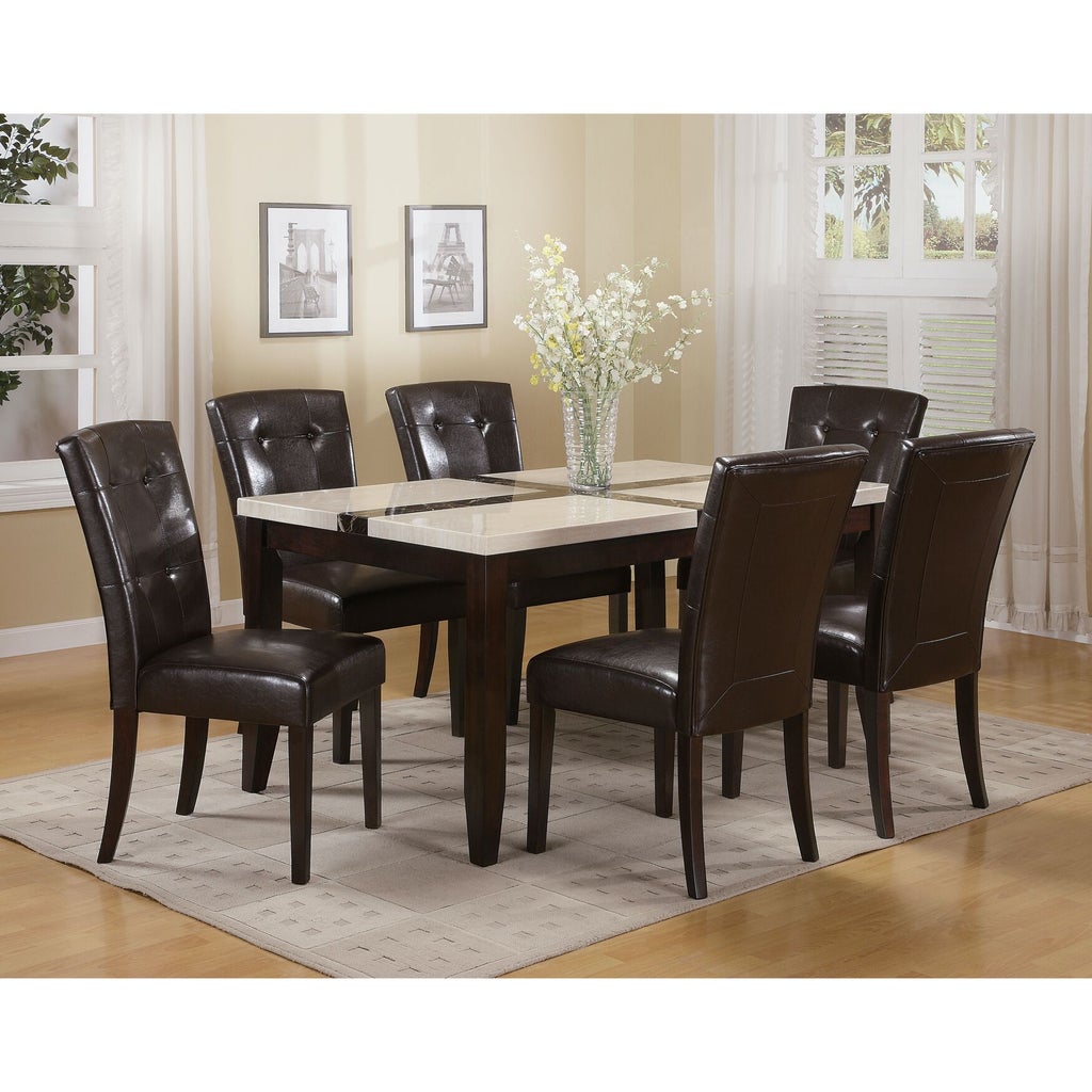 Five brown leather dining chairs around a rectangular table