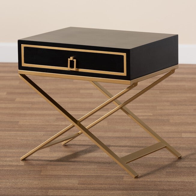 Lilibet Modern Glam And Luxe Black Finished Wood And Gold Metal 1-Drawer End Table, , alternate image number null