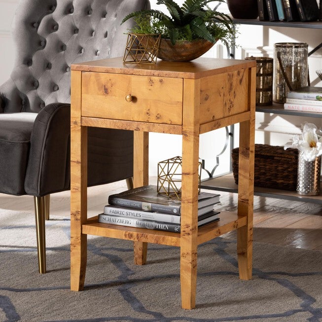 Ghina Modern and Contemporary Natural Light Mappa Real Burl Wood 1-Drawer Nightstand, LIGHT MAPPA BURL, hi-res image number null