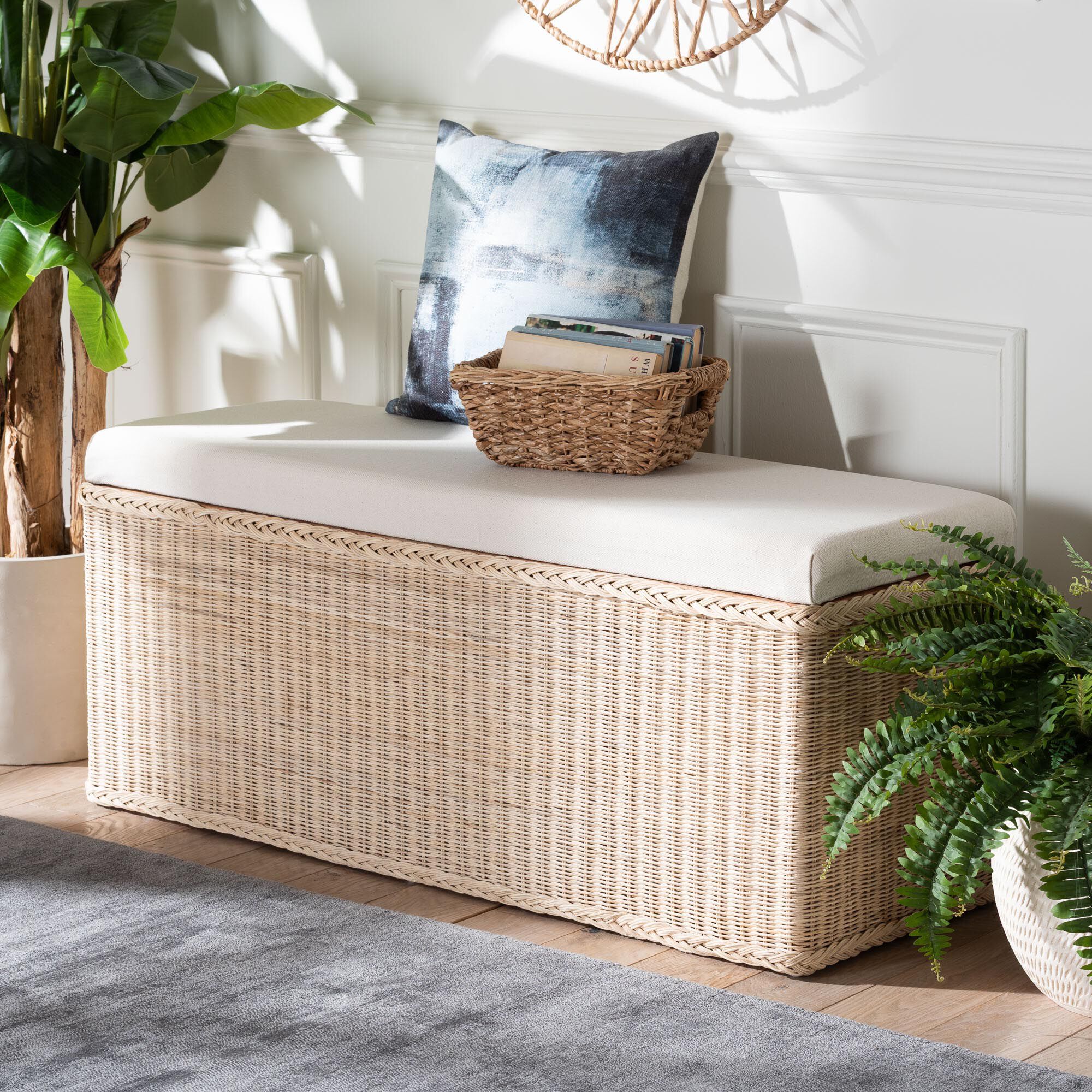 Barid Braided Natural Rattan Storage Bench, Rectangle, NATURAL, hi-res image number 0