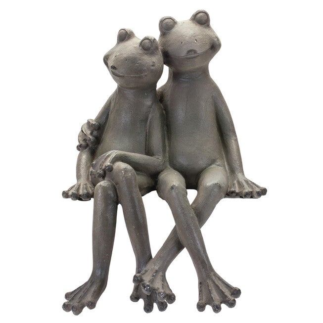 Distressed Stone Sitting Frog Couple Garden Statue 19.5 inchesH, GREY, hi-res image number null