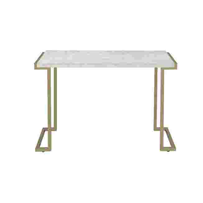 A white sofa table with silver metal legs on a white background.