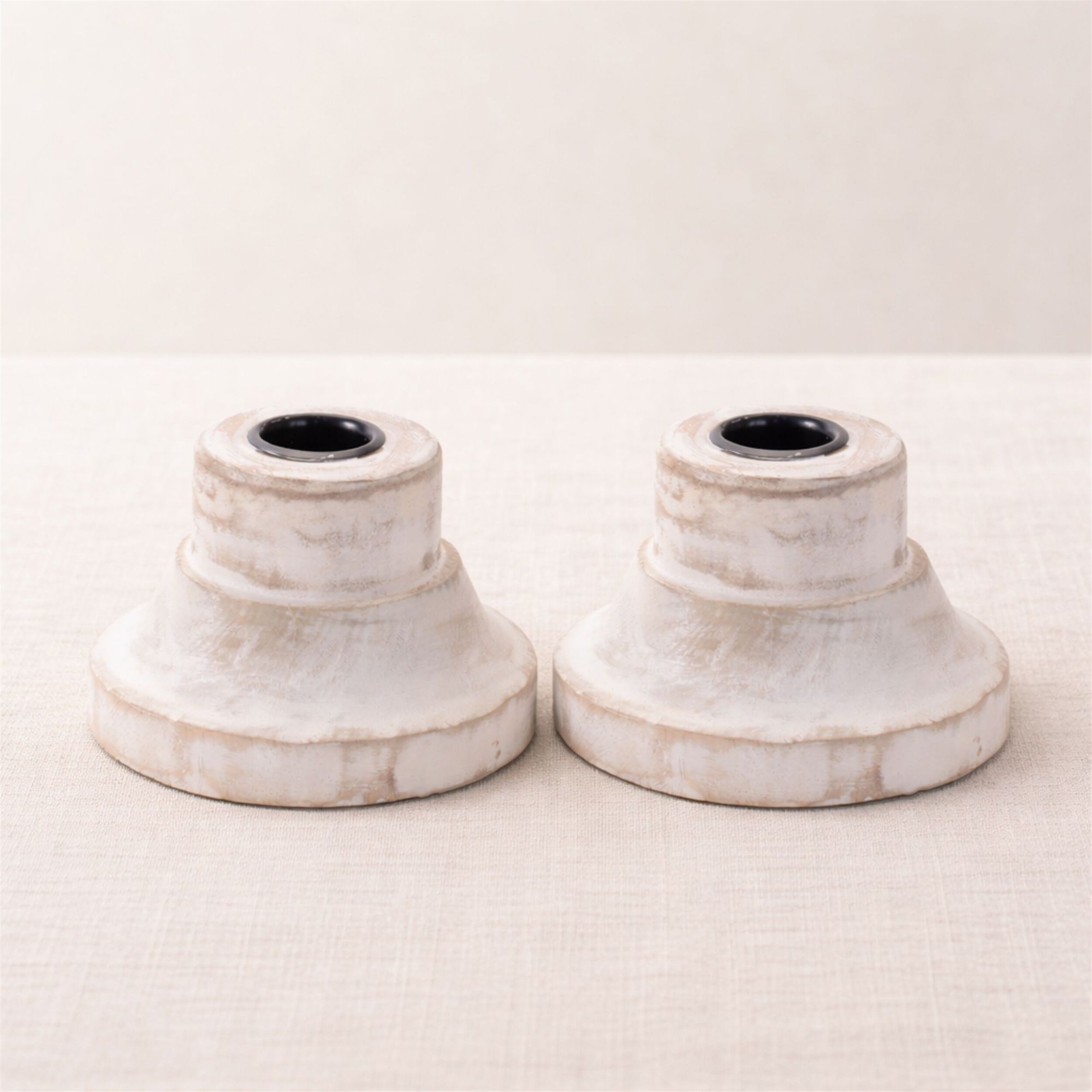 White Washed Wood Taper Candle Holder (Set of 2), WHITE BROWN, alternate image number 2