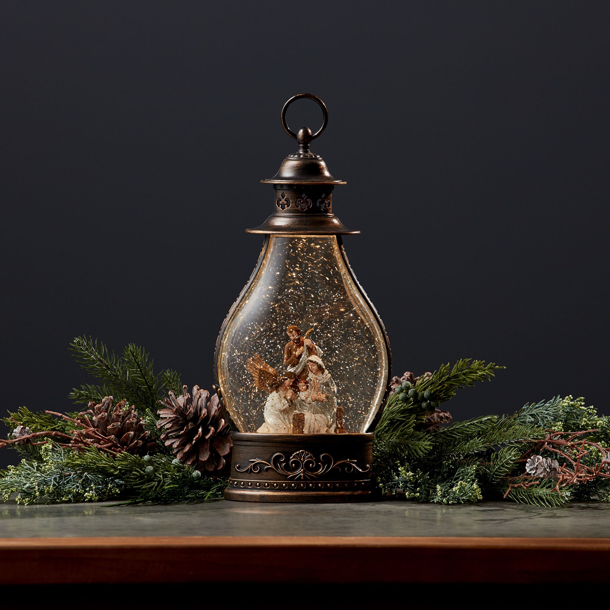 LED Snow Globe Lantern with Holy Family Nativity Scene 15.5 inchesH, BRONZE WHITE GOLD, alternate image number 2