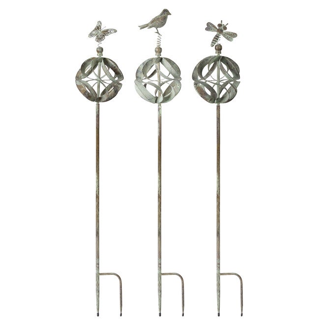 Ornamental Metal Garden Stake With Bird And Insect Accents (Set Of 3), GREEN, hi-res image number null