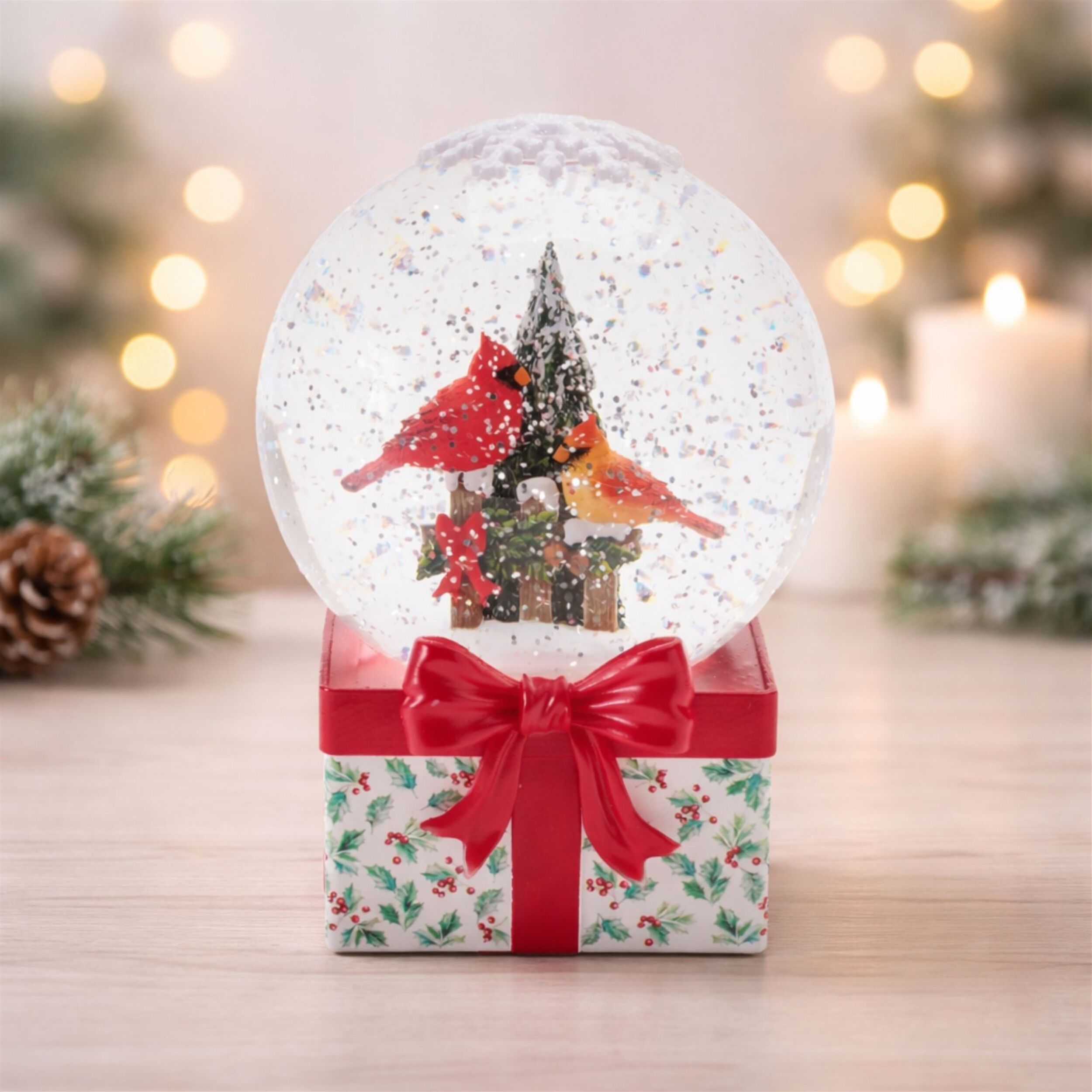 LED Cardinal Snow Globe 6.5 inchesH, RED GREEN WHITE, alternate image number 1