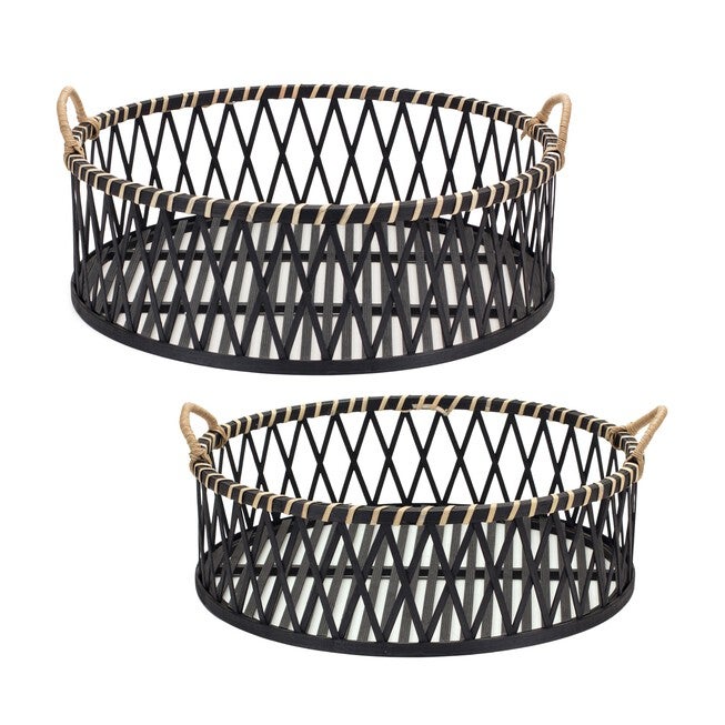 Round Tray (Set of 2) 17.5 inchesD x 5.5 inchesH, 19.5 inchesD x 6.5 inchesH Bamboo/Rattan, BLACK/BROWN, hi-res image number 0