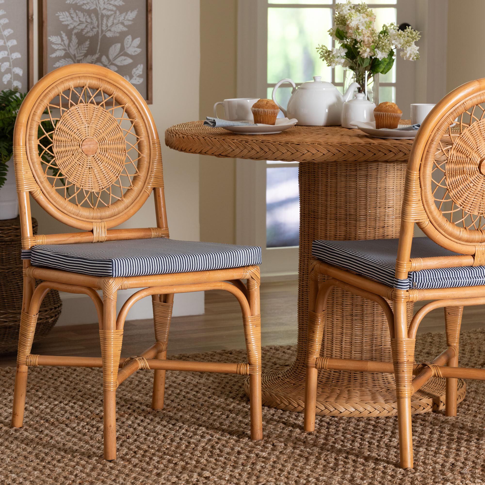 Oberon Natural Rattan Dining Chair with Cushion, HONEY, hi-res image number 0
