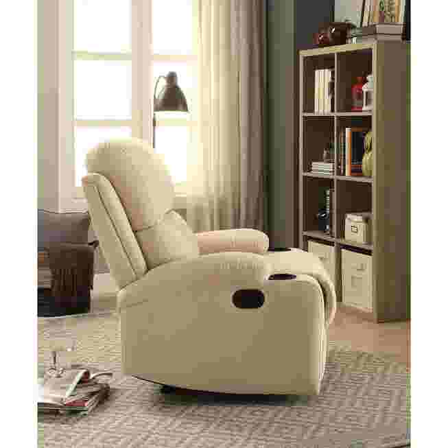 Beige recliner in living room with shelving
