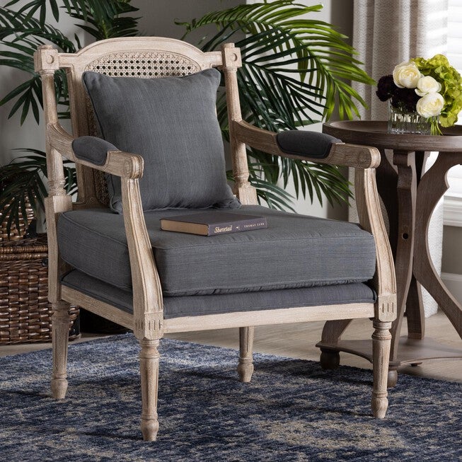 Clemence French Provincial Grey Fabric Whitewashed Mahogany Wood Armchair, GREY/WHITEWASHBROWN, hi-res image number null