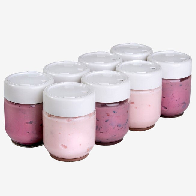 Set of 8 Glass Jars with Date Setting Lids for Euro Cuisine Yogurt Maker Model YMX650, CLEAR, hi-res image number 0