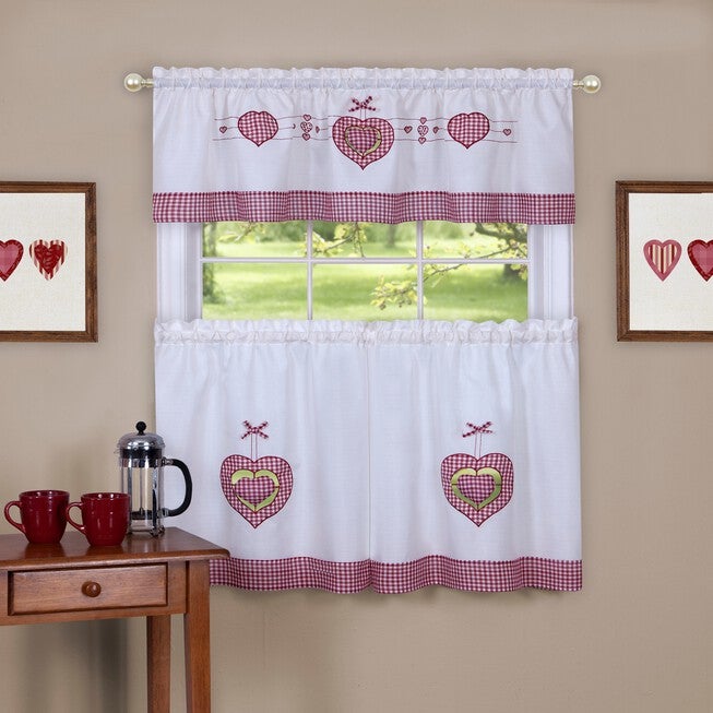 Gingham Hearts Embellished Tier and Valance Window Curtain Set, MULTI, hi-res image number null