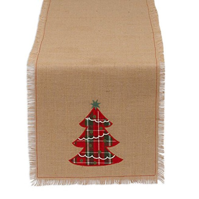 Embroidered Tree Burlap Table Runner, TAN, hi-res image number 0