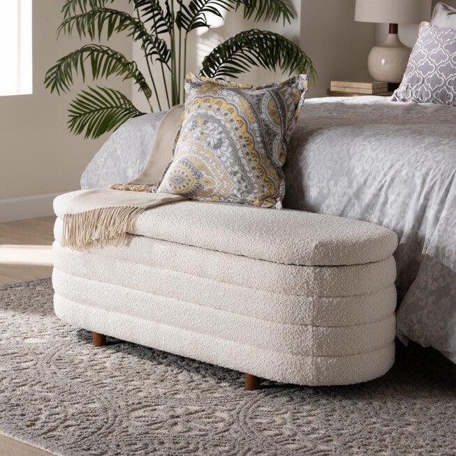 Betiana Modern Japandi Cream Boucle Fabric And Walnut Brown Finished Wood Storage Bench, , alternate image number null