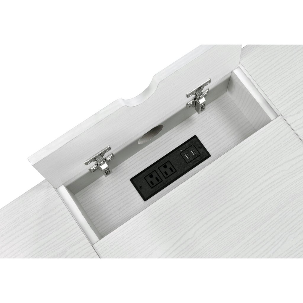 Inside of desk with built-in power outlet and USB ports