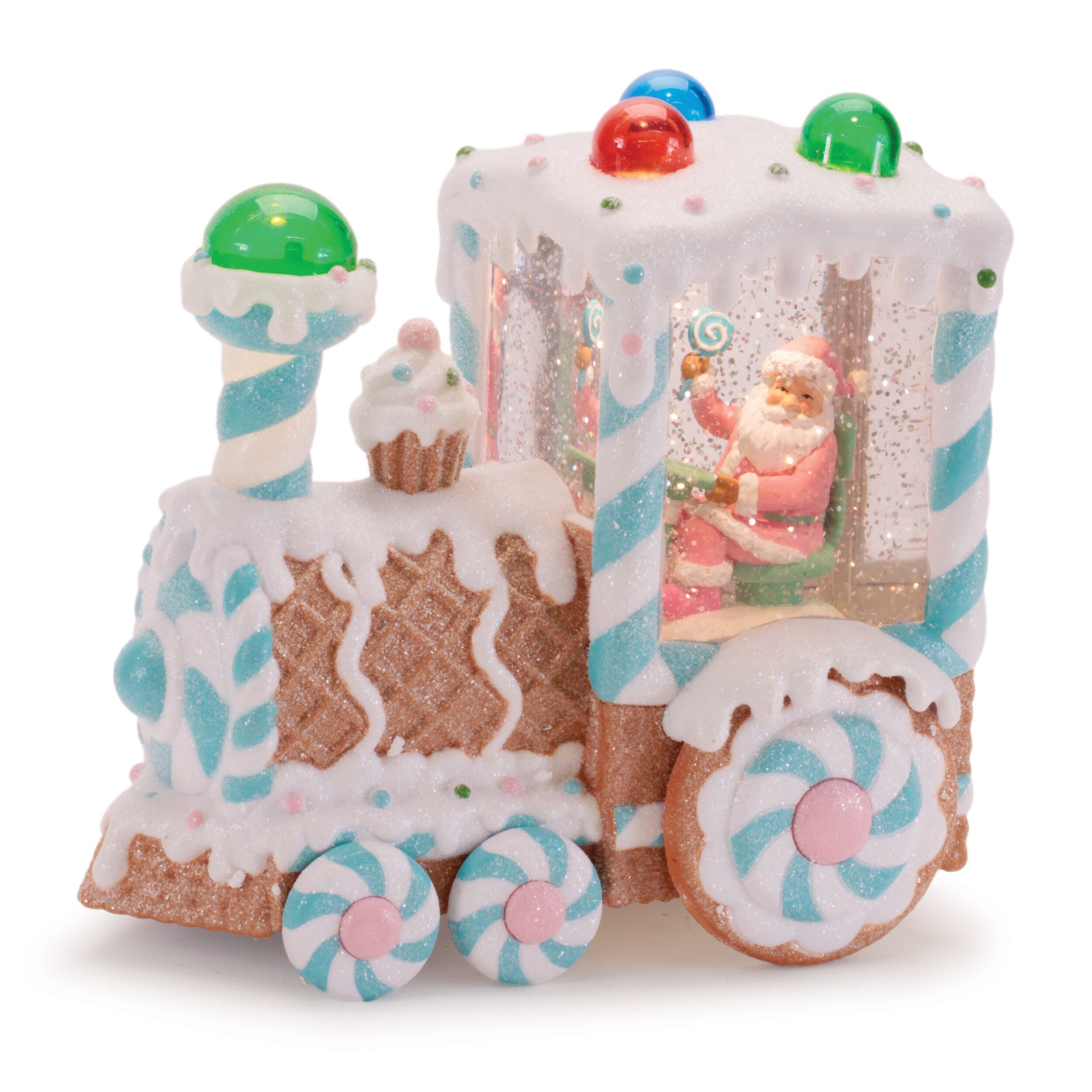 LED Santa & Gingerbread Bakery Snow Globe 7 inchesH, WHITE BROWN BLUE, hi-res image number 0