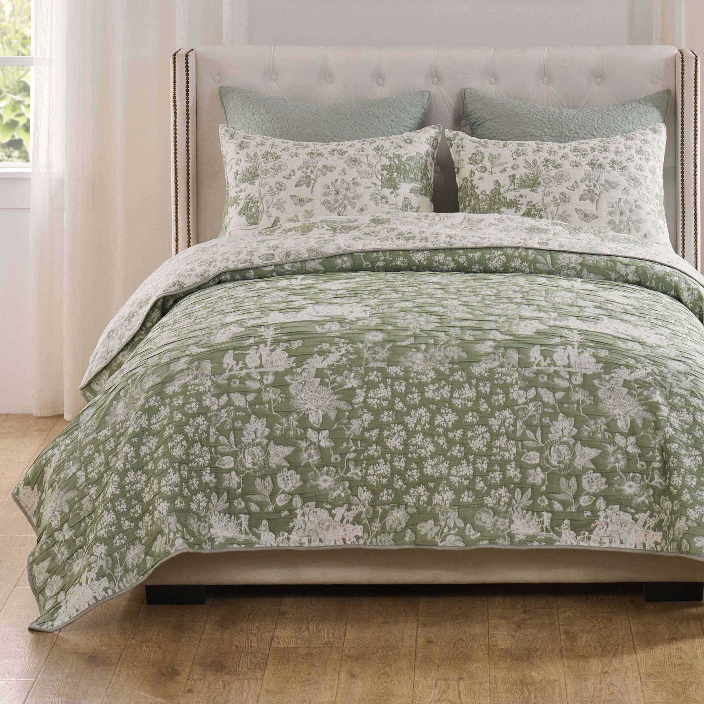Patchwork Toile Classic Floral Coverlet Set, SAGE, alternate image number 2