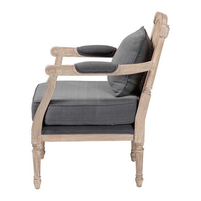 Clemence French Provincial Grey Fabric Whitewashed Mahogany Wood Armchair, GREY/WHITEWASHBROWN, alternate image number null