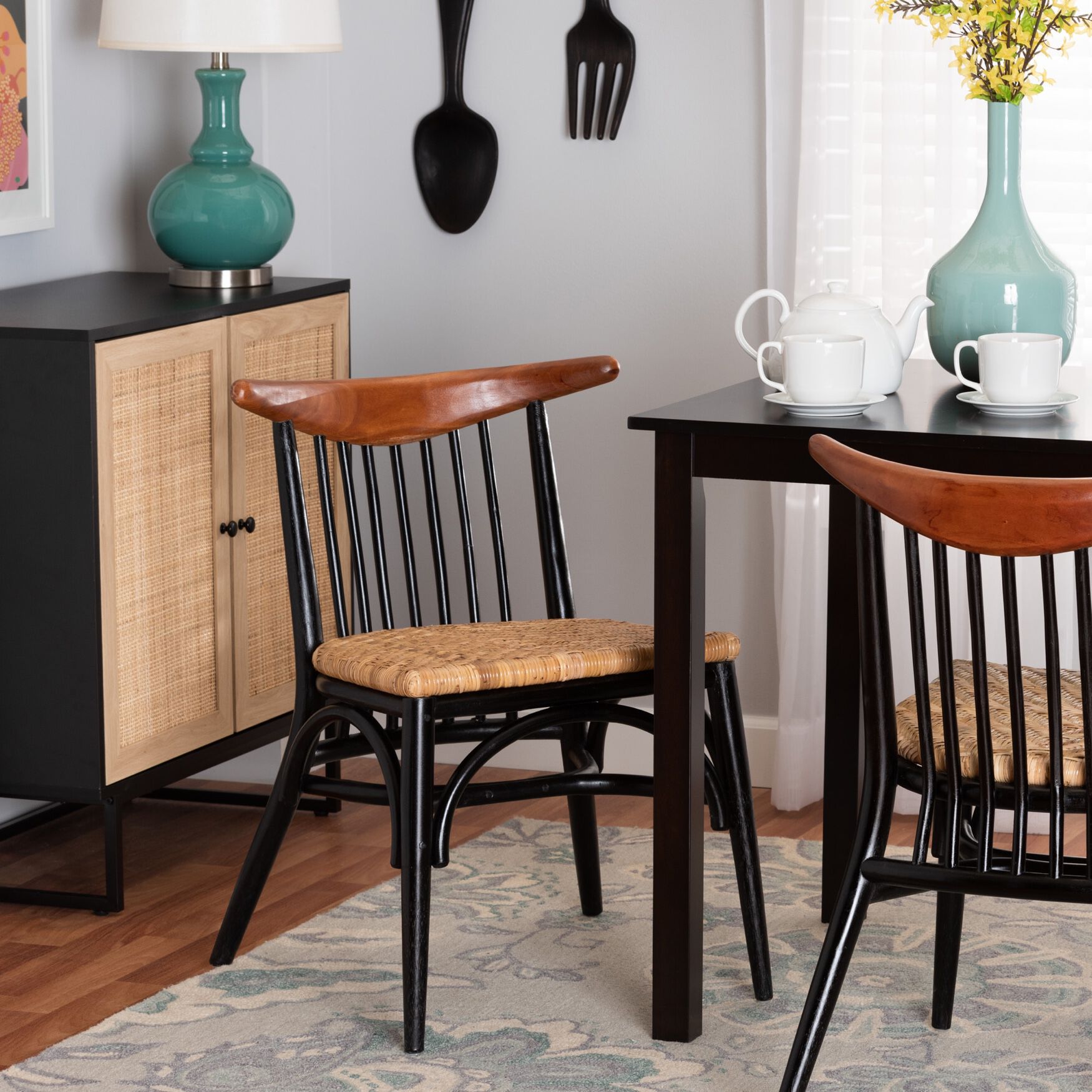 Parthenia Mid-Century Modern Two-Tone Black And Walnut Brown Finished Mahogany Wood And Natural Rattan Dining Chair, , alternate image number 7