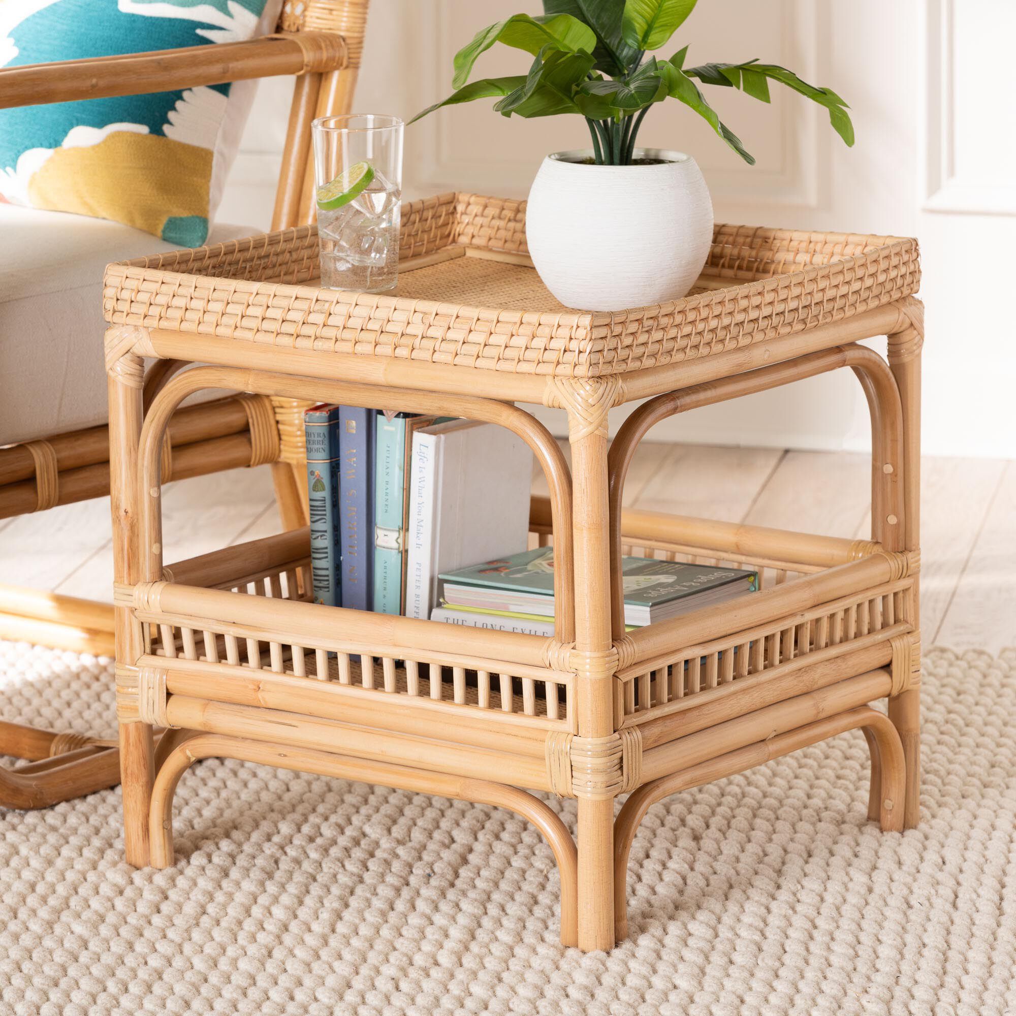 Lombok Modern Bohemian Natural Rattan End Table, NATURAL, hi-res image number 0