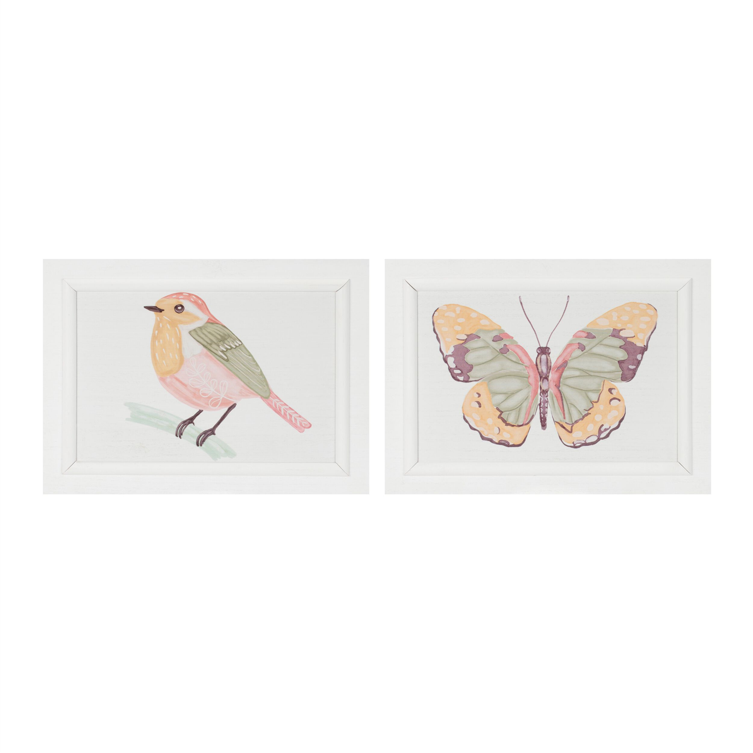Framed Bird and Butterfly Wall Plaque Set of 2, WHITE YELLOW PINK, hi-res image number 0