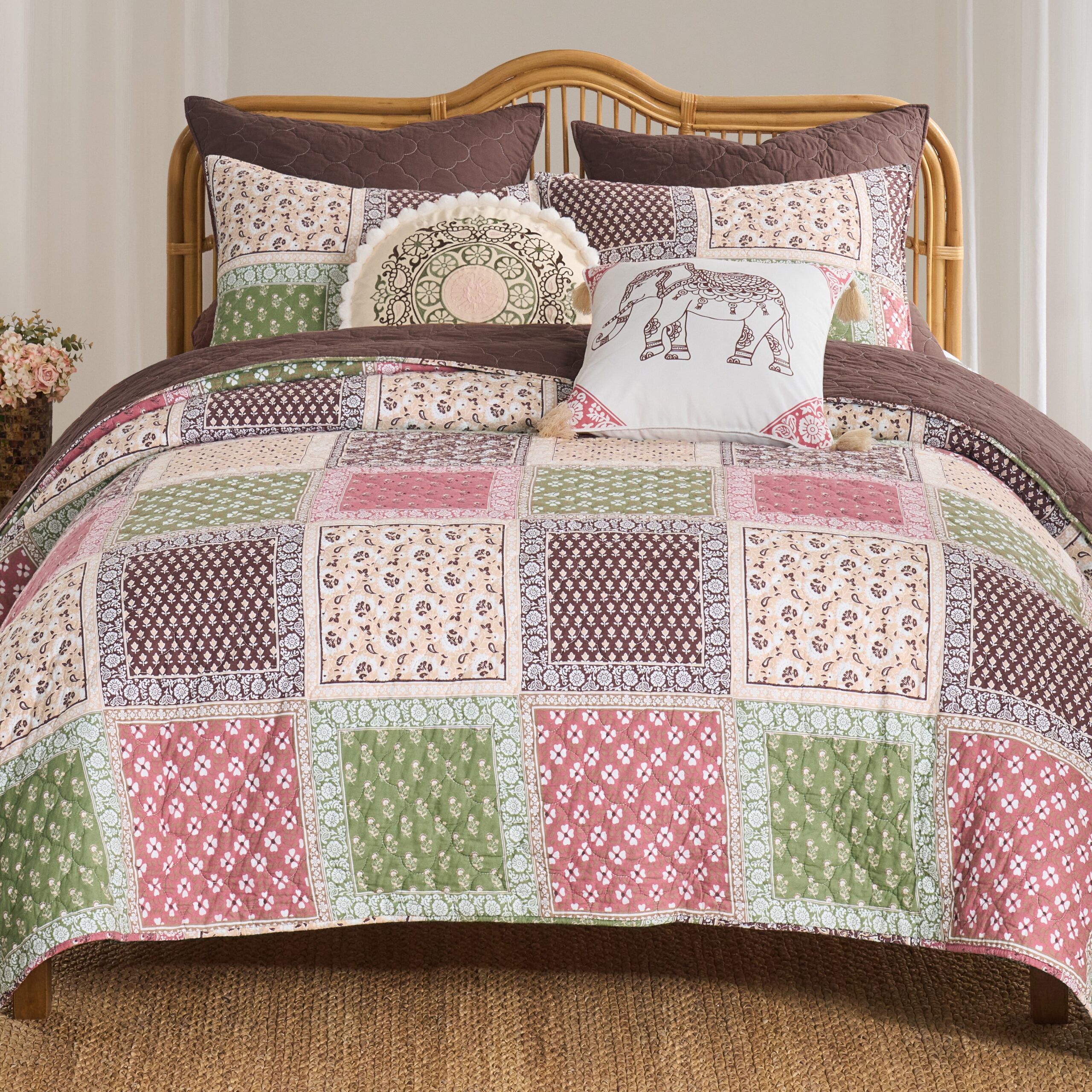 Priya Elegant Earthy Boho Patchwork Reversible Quilt Set, MULTI, hi-res image number 0