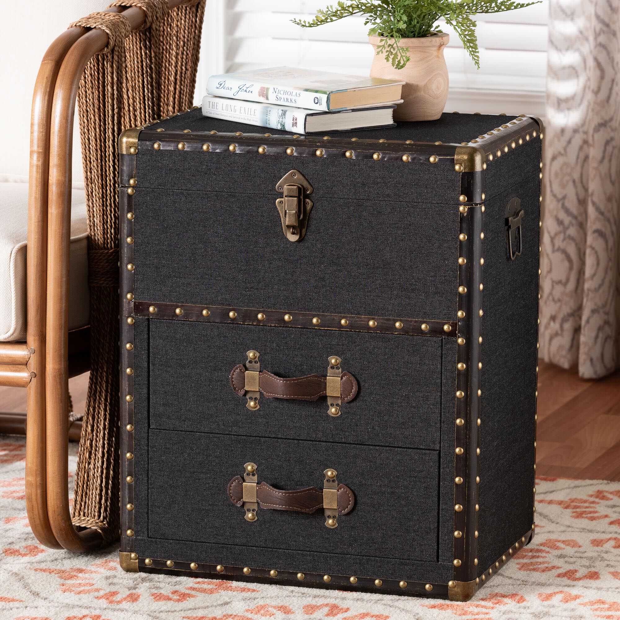Agatha Vintage Coffee Canvas 2-Drawer Storage Trunk, BLACK, hi-res image number 0