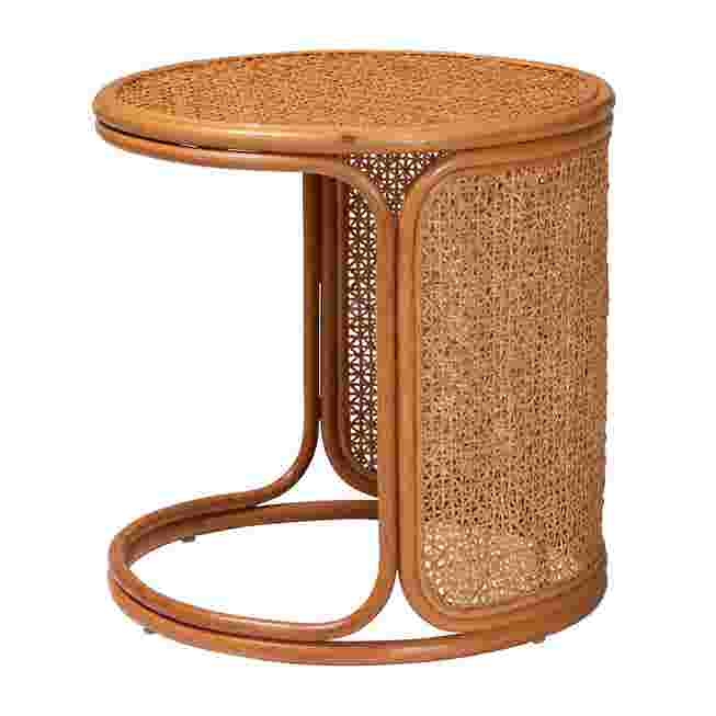 Round rattan end table with a woven pattern, shown against a white background.