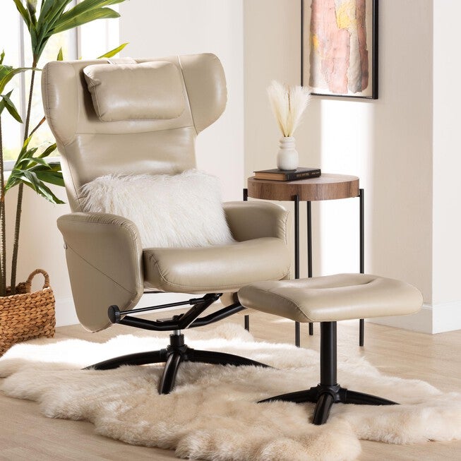 Elwood Modern Brown Faux Leather 2-Piece Lounge Chair and Footrest Set, BEIGE, hi-res image number 0