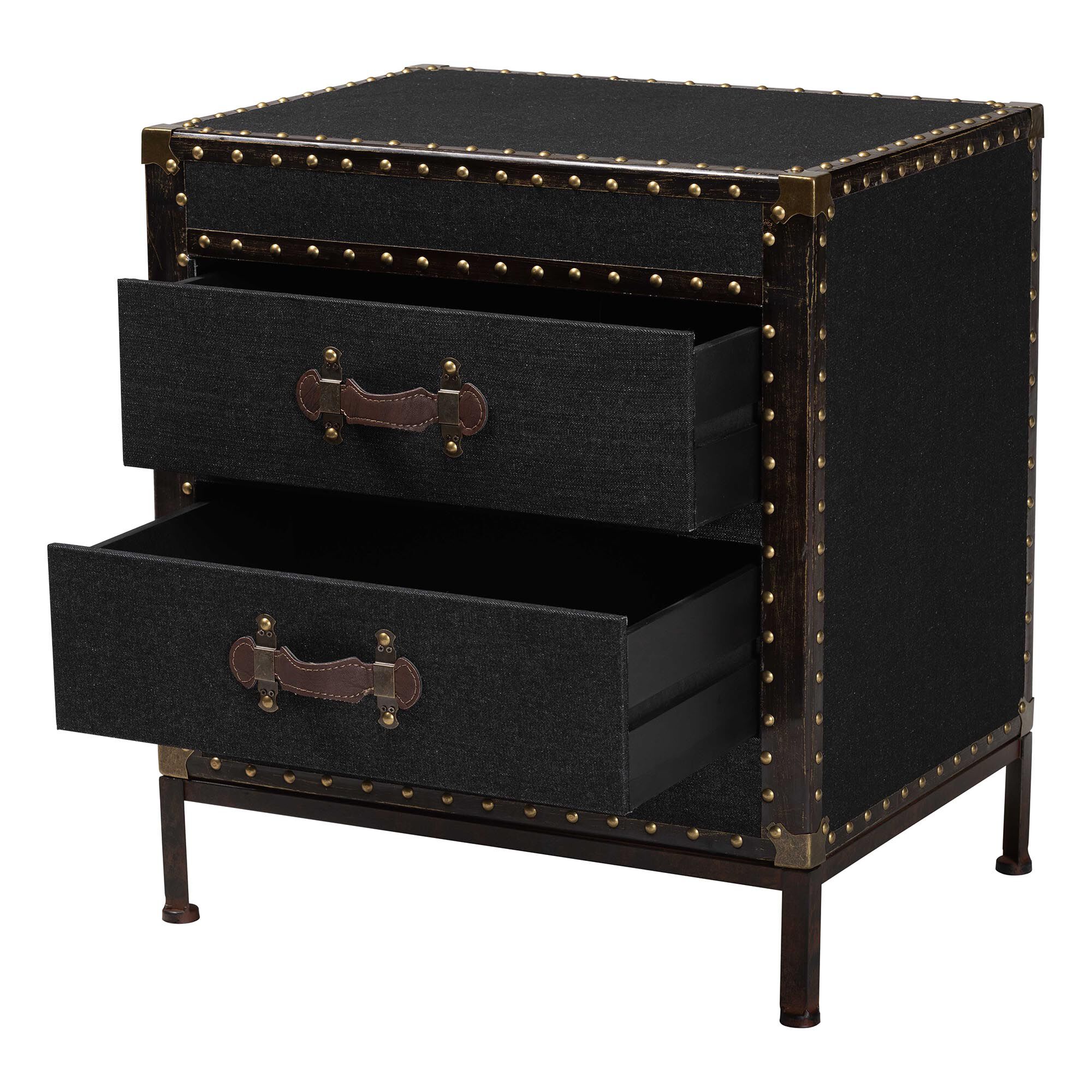 black canvas end table trunk with two drawers, one open