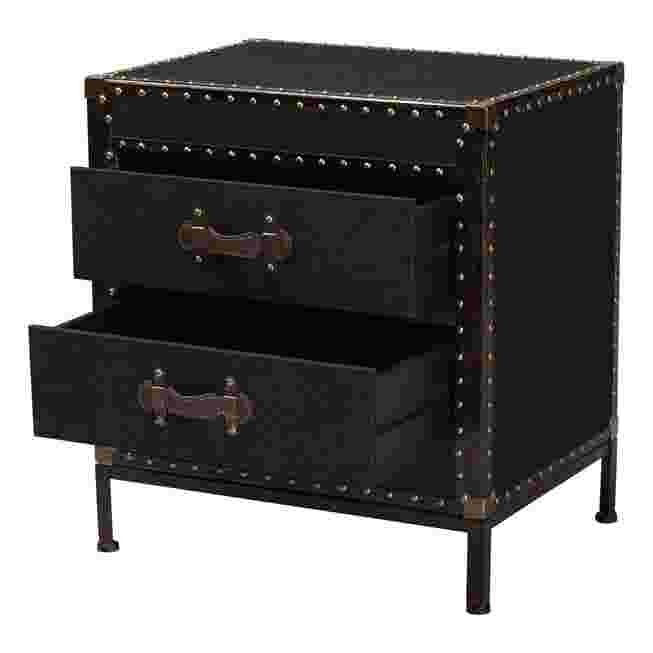 black canvas end table trunk with two drawers, one open