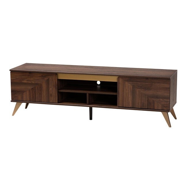 Graceland Mid-Century Modern Transitional Walnut Brown Finished Wood 2-Door TV Stand, GOLD, alternate image number null