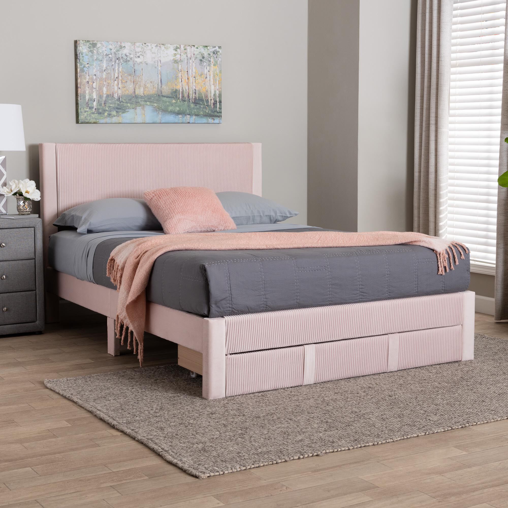 Elora Modern Navy Blue Pleated Velvet Queen Size Storage Bed, PINK, hi-res image number 0