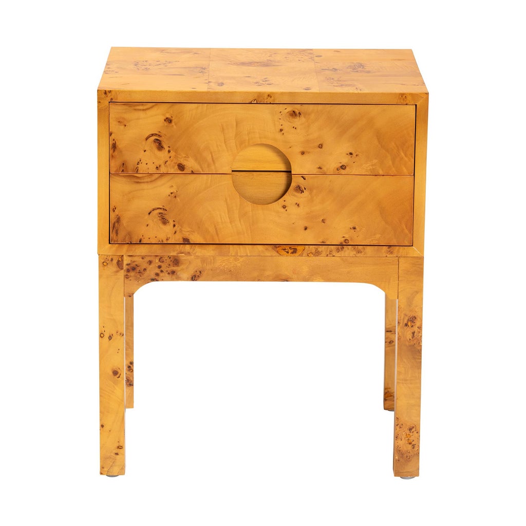 Natural burl wood nightstand front view with circular drawer pulls.