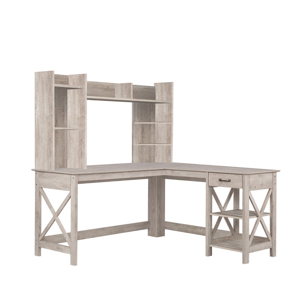 Desk with hutch and workspace on an L-shaped desk