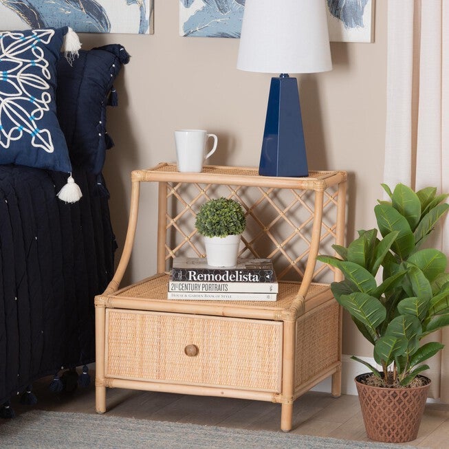 Lalo Modern Bohemian Natural Brown Rattan 1-Drawer Nightstand, , alternate image number null