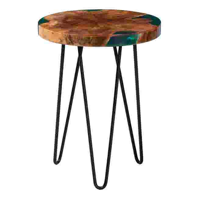 Round teak wood end table with epoxy resin top and black hairpin legs