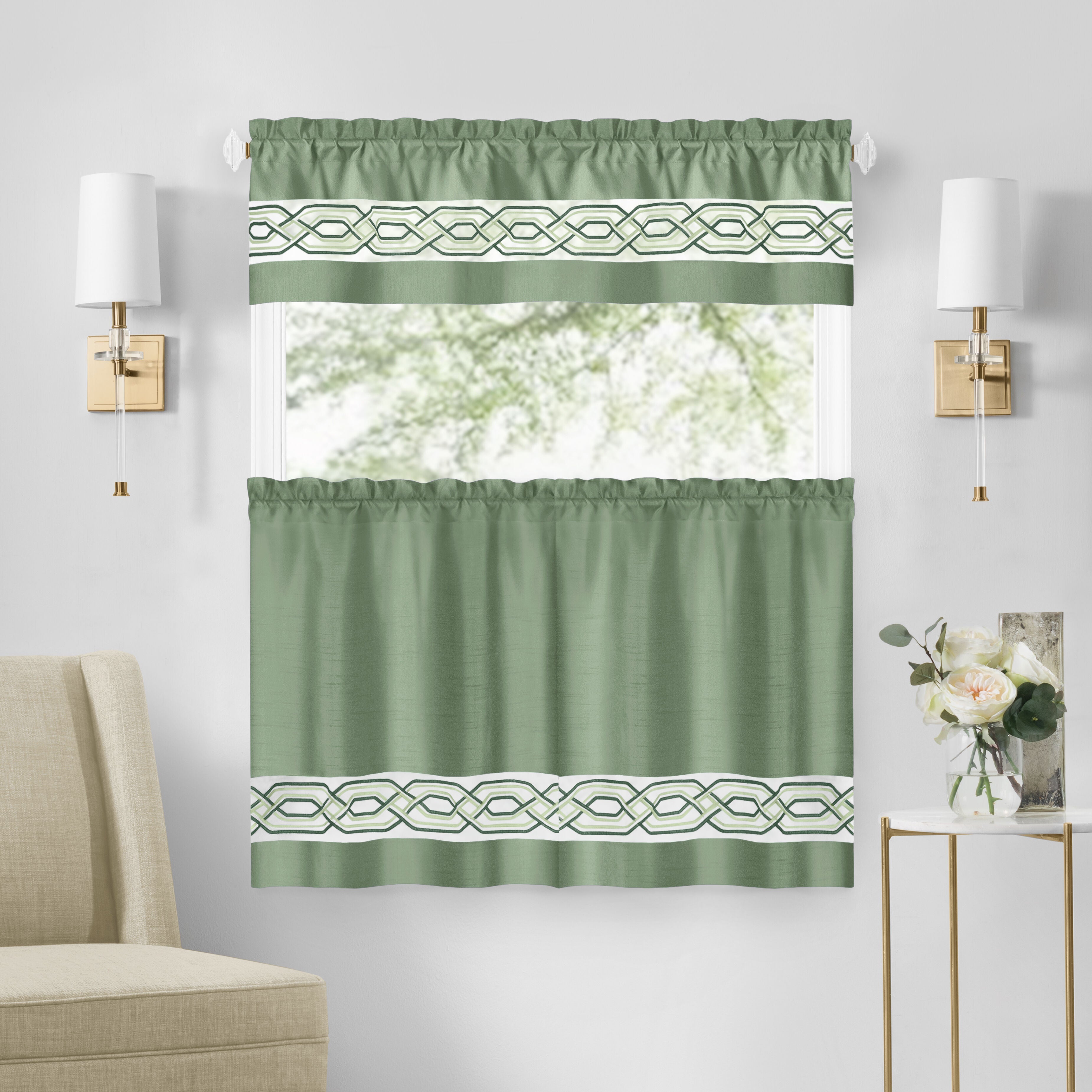 Paige Tier and Valance Window Curtain Set, GREEN, hi-res image number 0