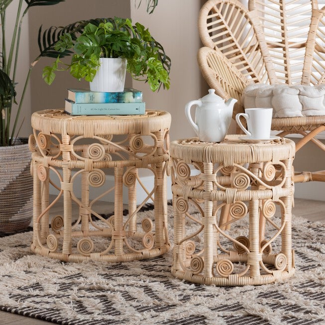 Bowie Modern Bohemian Natural Brown Rattan 2-Piece Nesting End Table Set, , alternate image number 5