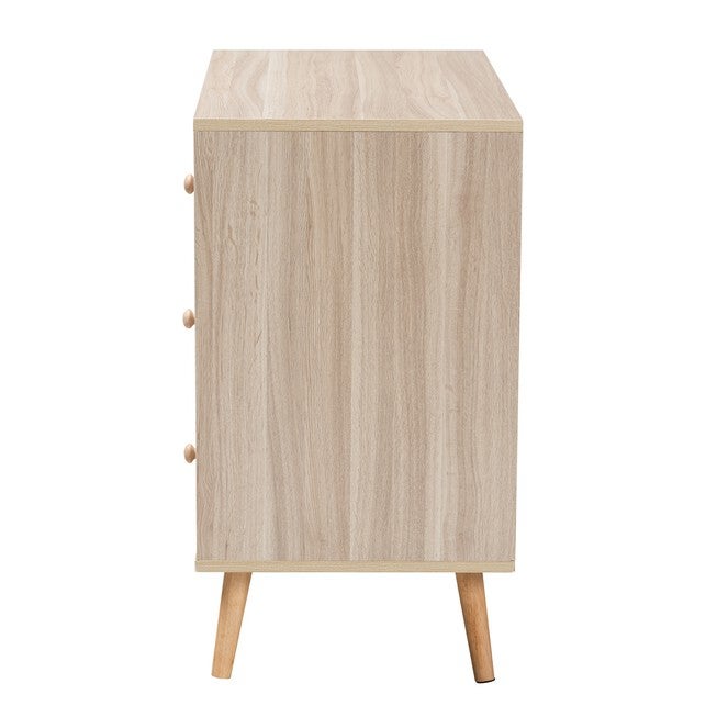 Beau Mid-Century Modern Transitional Two-Tone White And Oak Brown Finished Wood 3-Drawer Storage Cabinet, , alternate image number null