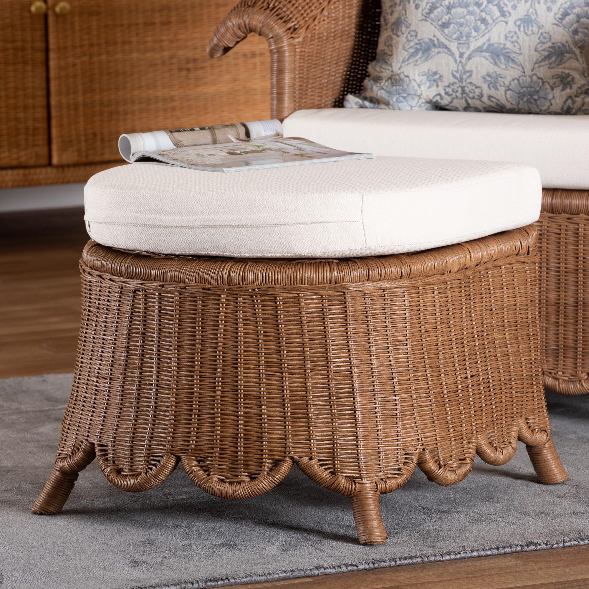 Detta Natural Rattan Footstool with Cushion, BROWN, hi-res image number 0