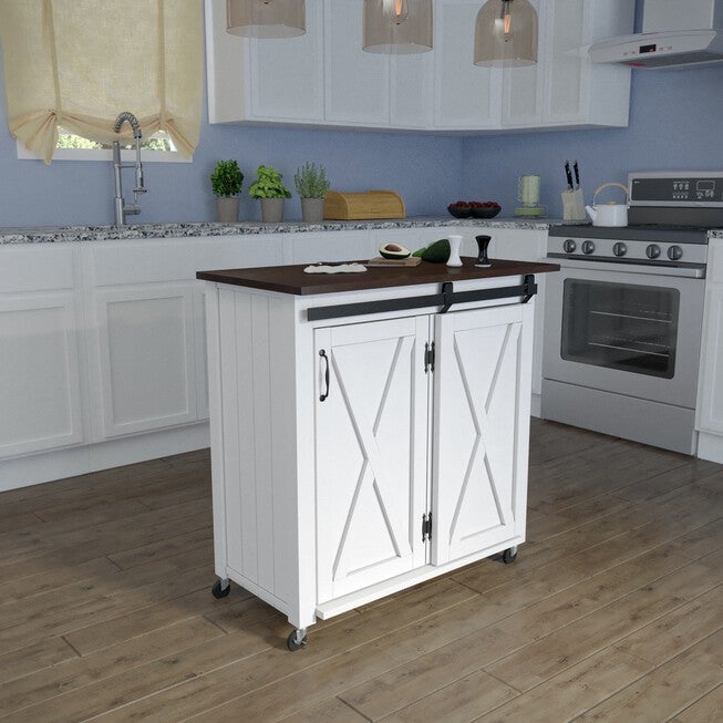 Leshire Barn Door Kitchen Cart, BROWN, hi-res image number 0