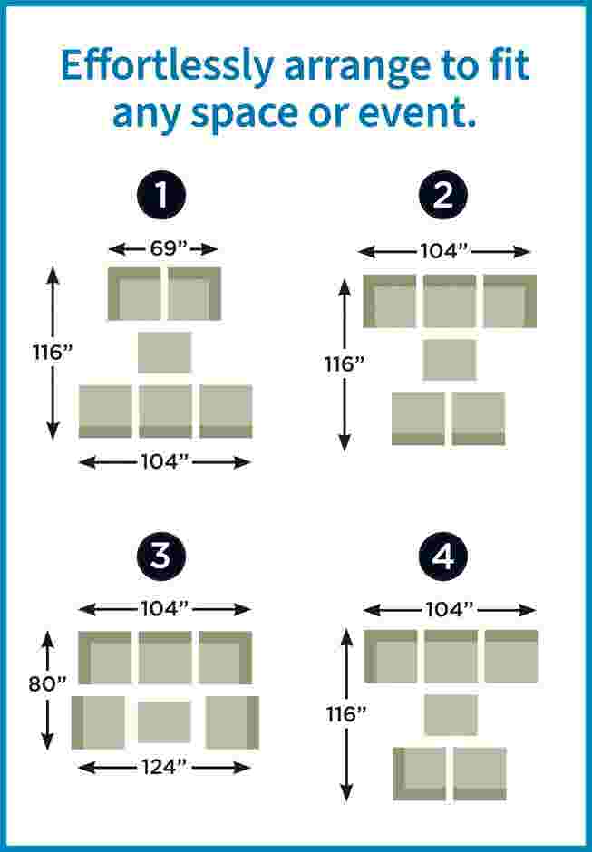 Four configurations of modular patio chairs with dimensions